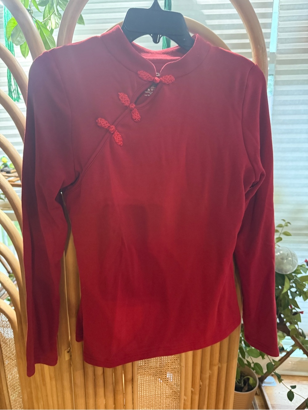 OGL Deep Red Mandarin-Collar Long Sleeve Top